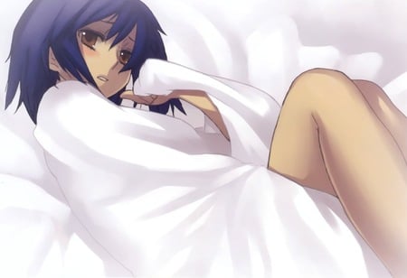 why cant i sleep? (thinking of you) - comfort, anime, girl, blush, sheets, bed, sad, blue hair, short, thinking