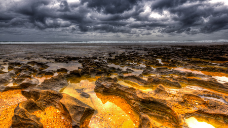 Energy Pools - dark clouds, sky, clouds, water, gold, rocks