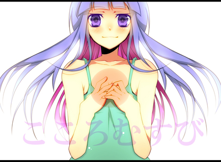 lilac hair - girl, anime, green vest, lilac hair, cute, purple eyes, blank, happy