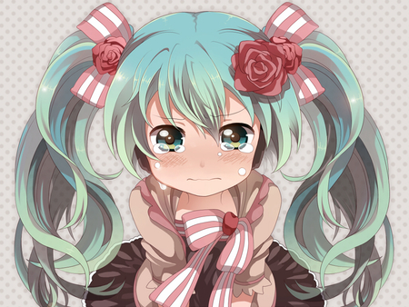 you made me upset!!! - roses, tears, anime, leaning forward, blue, brouch, green eyes, green hair, chibi, unhappy, dusty pink background, twintails, girl, bows, upset, miku, little