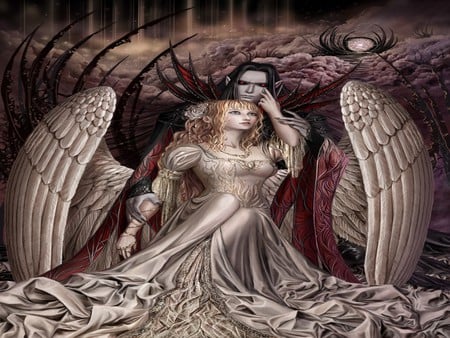 BEAUTY & THE BEAST - beauty, male, beast, angel, female, clouds, wings, fantasy