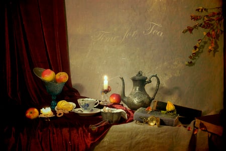 Time for Tea - beautiful, book, tea, burning candle, teapot, fruits, teacup, still life