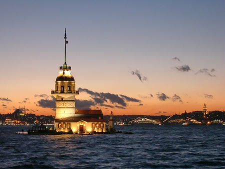 Istanbul at Night - sunset, tower, sea, night, light