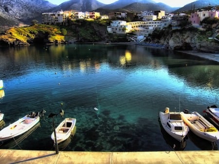 Lovely View - hills, boat, grass, harbour, reflection, view, port, houses, sky, house, trees, water, beautiful, sea, beauty, colors, lovely, architecture, ocean, village, boats, nature, mountains, peaceful