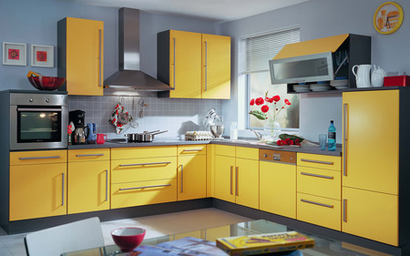 Spring-kitchen - kitchen, room, wallpaper, spring, picture, counters, colours, yellow, wall, red, architecture, sunny, house, flowers, photo