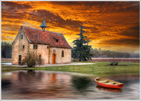 Private place - sky, places, water, private, lakes, reflection, glowing, clouds, hdr, tree, golden, house, boat, landscape, glod, glow, isolated, abstract, lonely, silence