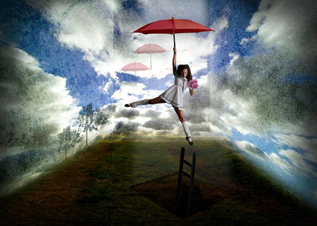 Among the clouds - sky, girl, trees, bouquet, scale, fantasy, abstract, pink, clouds, red, 3d, umbrella, hole, flowers, land, fly