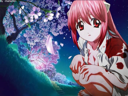 Elfen lied - red eyes, pink hair, night, long hair, blood