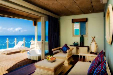 Lovely View - pillows, chairs, couch, jacuzzi, room, table, ocean, vases, villa, view, deck