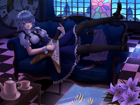 Lazy? - flowers, guitar, music, anime, sofa, window, girl, tea