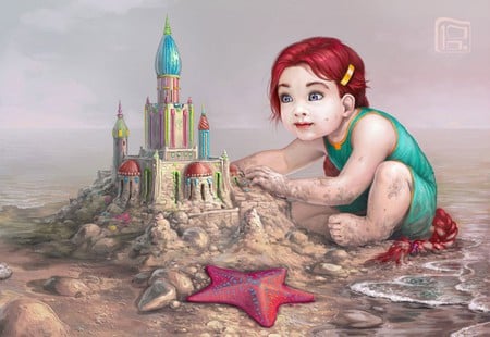 LITTLE RED GODDESS - beach, girl, red, castle, sand, head, little