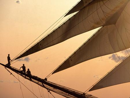 Sunset sailing - sail, sailing, sunset, people, sailboat, boat, silhouettes, sky