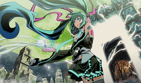 Hatsune Miku - space, virtual, miku, digital, electric, vocaloids, song, microphone, uniform, singer, cool, pink, headphones, awesome, vocaloid, thighhighs, anime, twintail, buildings, cg, skt, key, clouds, skirt, aqua hair, waves, hatsune, black, cute, beautiful, hot, girl, stars, anime girl, cg art, white, light, radical, program, aqua eyes, artistic, pretty, glow, aqua, beauty, teal, digital art, art, diva, nice, tie, moon, sexy, idol, headset, music, green, ancient, hatsune miku