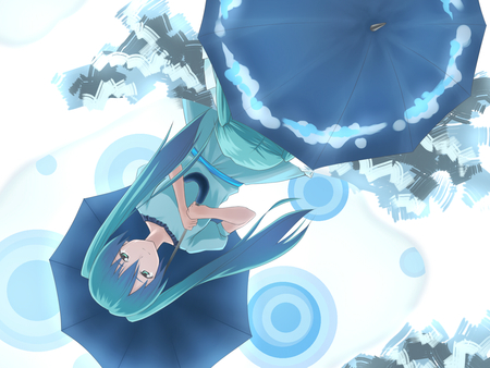 Hatsune Miku - pretty, artistic, umbrella, sad, rain, nice, program, digital art, blue dress, wet, beauty, virtual, cg, bubbles, cute, aqua eyes, song, vocaloid, anime, twintail, dress, hatsune miku, music, art, idol, anime girl, beautiful, singer, girl, special effects, cool, floor, miku, awesome, diva, cg art, digital, aqua hair, hatsune, vocaloids, melt