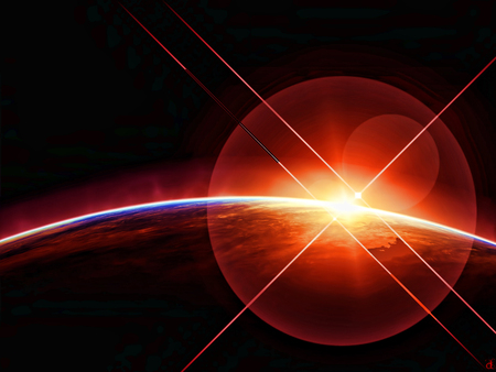 Caught in the beam - light beams, abstract, planet, red