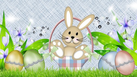 Spring Bunny and Easter Eggs - eggs, rabbit, spring, grass, bunny, stars, persona, easter, flowers, cute