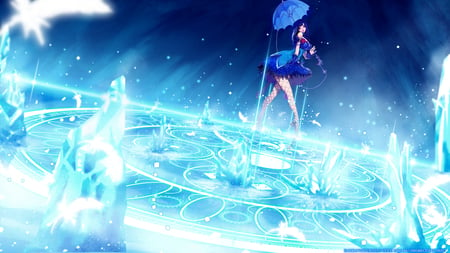 Cold Dream - shades, awesome, anime, girl, umbrella, nlue, clare setilan, magna carta 2, blue dress, walking on ice, dream, ice, cold