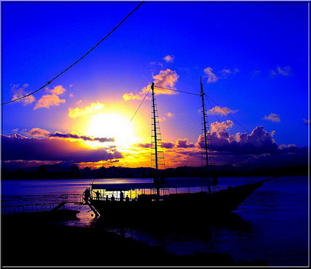 Sunset mooring - sunset, gold clouds, boat, evening, blue sky, ocean