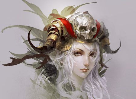 Princess - skull, sexy, headrest, crown, white hair, horns