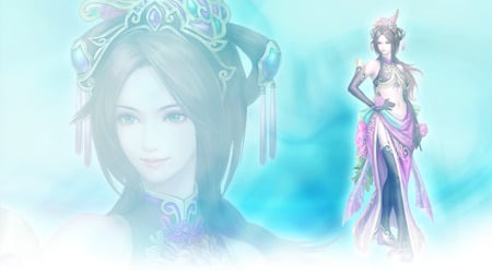 Diao Chan - thigh highs, tiara, diao chan, long hair, gloves, brown hair, dynasty warriors, green eyes, pretty, beautiful, brunette, video games, flowers