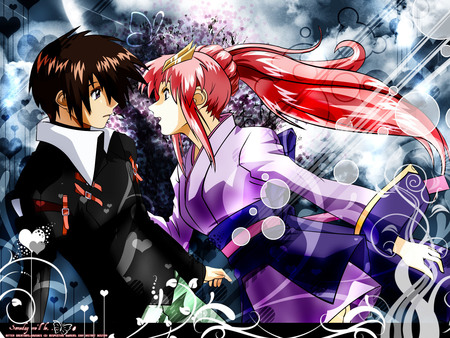 Kira Yamato & Lacus Clyne - pretty, heart, kira, mobile suit, pink, hair clip, clyne, mecha, princess, nice, anime boy, blue eyes, lacus clyne, beauty, kimono, love, yamato, cg, white, mobile suit gundam, green, butterfly, cute, anime, boy, purple, red, pink hair, art, gundam seed destiny, anime girl, kira yamato, beautiful, singer, girl, cool, brown hair, robotic, black, colorful, awesome, digital, lacus, gundam seed, couple