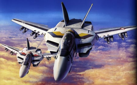 Lets Go !! - skull, vf-1s, sunset, black, gold, macross, white, red, clouds, vf-1, anime, mecha