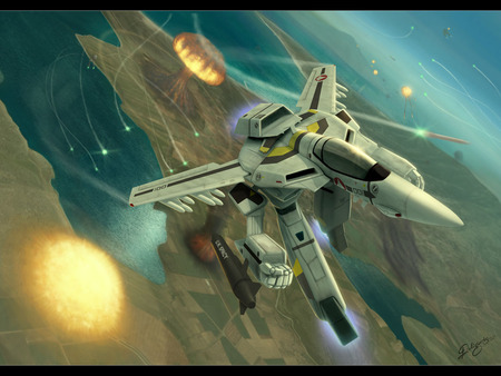 Evade Valkyrie !! - machine gun, missiles, explosion, vf-1s, anime, blast, macross, mecha