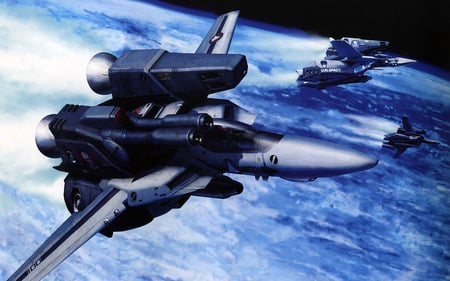 Space Fight !! - vf-1s super packed, space, anime, valkyrie, mecha, macross, comrade, earth