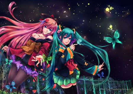 Friendship - butterly, megurine, long, pigtails, night, pink, luka, colours, blye, shirt, stockings, miku, rose, ribbon, hatsune