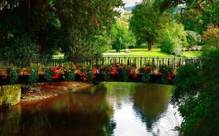 Lovely View - pretty, alley, romantic, grass, romance, spring, reflection, walk, leaves, flowers, view, bench, lake, trees, water, beautiful, beauty, colors, lovely, architecture, lantern, nature, green, peaceful, bridge, park