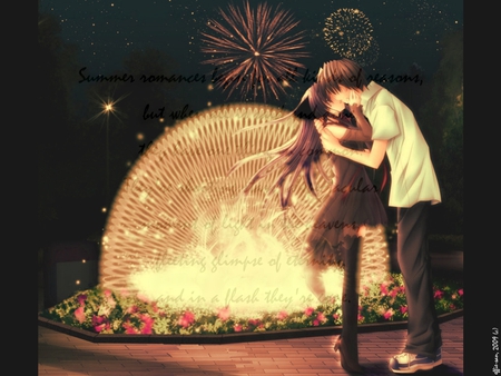 Kissing - boy, water, cute, kiss, gurl, fireworks