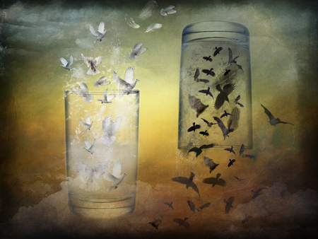 Magic up and down - abstract, up, birds, flying, doves, black, white, fly, flock, 3d, down, glass