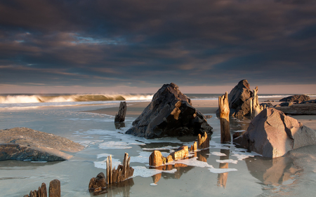 Gold - storm, clouds, rocky, nature, beautiful, beaches, twilight, waves