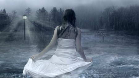 Girl in the Rain - woman, female, girl, light, rain, deep, water, white dress, flood, dark