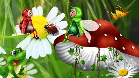 Bugs Mushroom and Frog - daisy, fantasy, ladybug, bugs, mythical, fairy, daisies, firefox persona, grass, butterflies