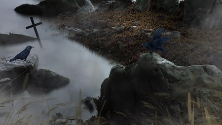 Misty Waters - water, fog, gothic, mythical, death, ravens, ground, goth, mist, cross, mysterious, rocks