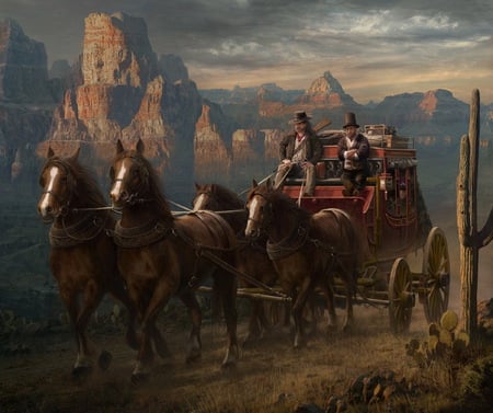 Badland Express - wild west, lady, mountains, wallpaper, fantasy, horses, abstract, cowboys, carriage