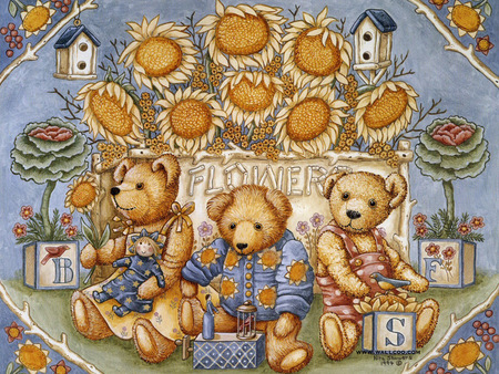 SUNFLOWER TEDDYS - bears, brown, flowers, teddy