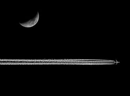 in the sky - moon, sky, airplane, black, photograph