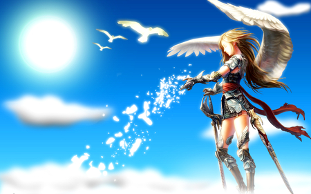 sending peace from heaven - heaven, pretty, birds, people, female, blue, angel, doves, stunning, gorgeous, goddess, dreaming, sky, sun, clouds, moon, abstract, beautiful, girl, sword, beauty, sweet, knight, girls, fantasy, nature, enchanting, cute, adorable