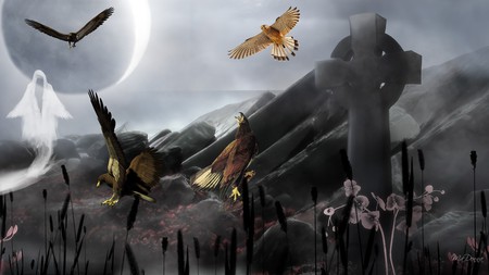 Mysterious Harbor - rocks, flowers, goth, gothic, dark, harbor, hawks, ghost, firefox persona, cat tails, cross, mist