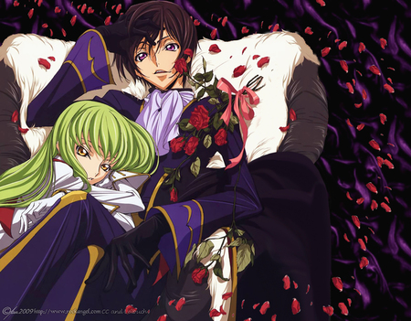 Together.. - red, rose, mecha, white chair, dark, cc, lelouch, anime, romance, code geass, zero, black hair, green hair