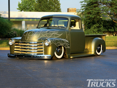 48 Chevy - truck, flames, custom, green