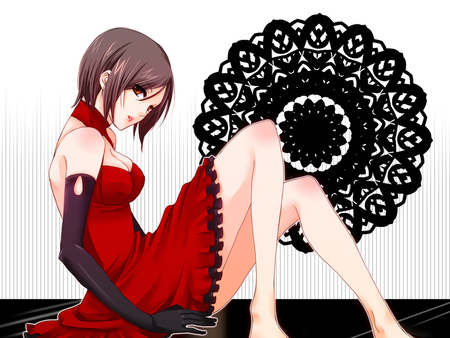 Meiko - girl, female, meiko, gloves, brown hair, orange eyes, red dress, vocaloid, short hair