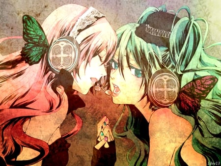 = = - green, miku hatsune, pink, yuri