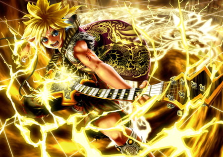 Kagamine Len - vocaloid, vest, kagamine len, male, guitar, dragon, shorts, spiky hair, lone, lightning, len, blue eyes