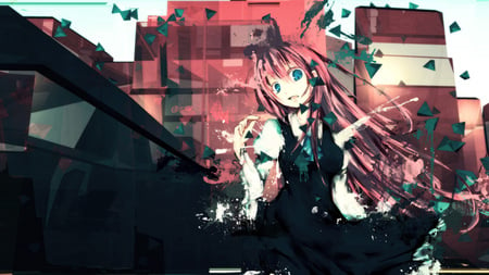 Megurine Luka - shapes, aqua, headset, white, art, cool, aqua eyes, artistic, graphic, buildings, skyscrapers, vocaloids, school uniform, vocaloid, beautiful, pink, uniform, dress, nice, fading, beauty, cg art, black, pretty, megurine luka, anime, cute, megurine, black dress, luka, school, pink hair, cg, microphone, headphones, city, digital, awesome