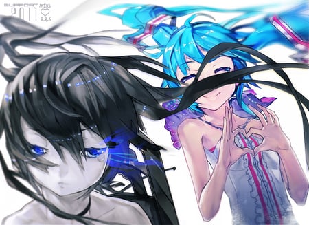 Black Rock Shooter & Hatsune Miku - movie, hot, heart, music, design, anime girl, brs, black hair, white, art, cool, digital art, aqua eyes, ova, artistic, hatsune miku, sexy, warrior, blue eyes, light, graphic, song, vocaloids, program, glow, vocaloid, pink, beautiful, diva, dress, black rock shooter, beauty, nice, cg art, twintail, singer, aqua hair, black, virtual, pretty, idol, anime, miku, cute, girl, tear, crying, closed eyes, cg, hatsune, blue, awesome, digital