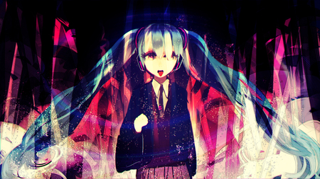 Hatsune Miku - Rolling Girl - aqua, headset, music, rolling girl, anime girl, white, art, purple, cool, radical, artistic, hatsune miku, skirt, digtital, light, graphic, song, bag, vocaloids, school uniform, program, glow, heaphones, vocaloid, pink, beautiful, uniform, diva, beauty, nice, twintail, singer, vibe, black, virtual, pretty, idol, anime, eyepatch, miku, cute, girl, school, cg, hatsune, microphone, tie, awesome