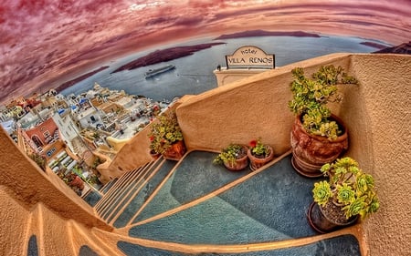 Santorini,Greece - summer, romantic, romance, flowers, villa, holiday, paradise, house, luxury, city, beauty, colors, architecture, vases, nature, sunset, ships, building, town, view, greece, houses, sky, clouds, vase, beautiful, ship, sea, buildings, resort, lovely, santorini, colorful, stairs, peaceful